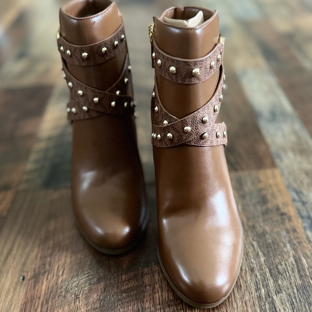 Michael Kors Brown Leather Studded Ankle Boots - Picture 3 of 9